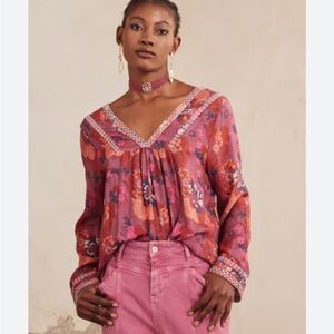 Nekane Boho Floral Long Sleeve Blouse Size Small NWT Tie Back Festival Top